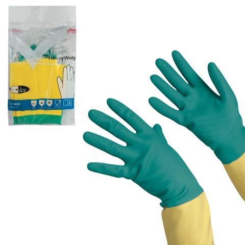 Перчатки VILEDA PROFESSIONAL латекс-неопреновые МНОГОРАЗОВЫЕ х/б напыление, СВЕРХПРОЧНЫЕ, размер L (большой), зеленые/желтые, 174307