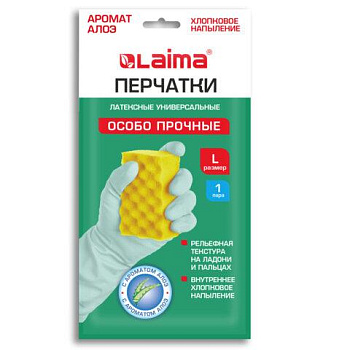 Перчатки МНОГОРАЗОВЫЕ латексные LAIMA, С АРОМАТОМ АЛОЭ, зеленые, хлопчатобумажное напыление, размер L (большой), вес 55 г, 700546