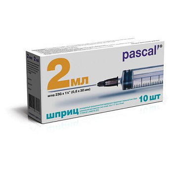 Шприц 3-х компонентный PASCAL, 2 мл, КОМПЛЕКТ 100 шт., в пакете, игла 0,6х30 - 23G, 120205